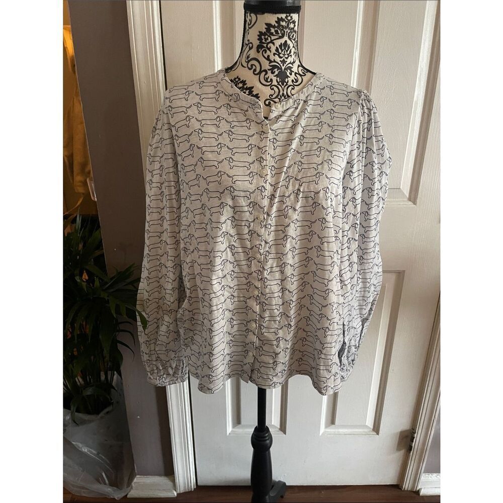 Boden White Button-Front Blouse with Dachshund Print